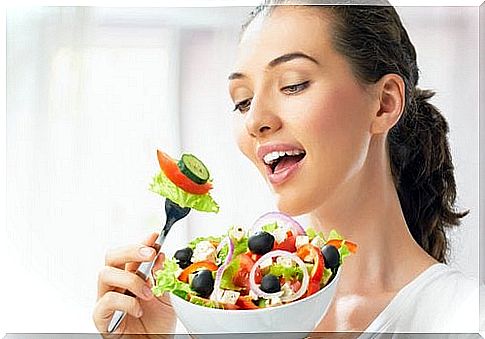 Woman eats salad food choices